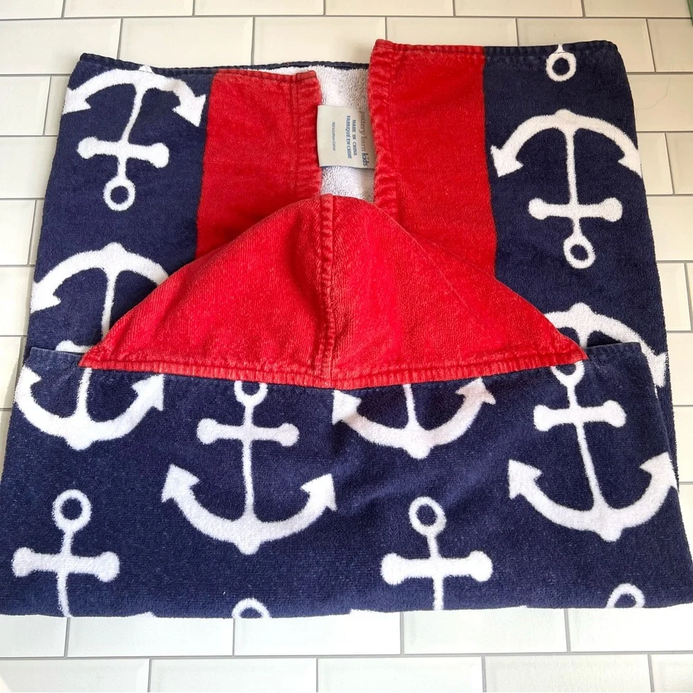 💙⚓️❤️ Pottery Barn Kids Anchor Baby Hooded Beach Bath Towel Red White Navy Blue